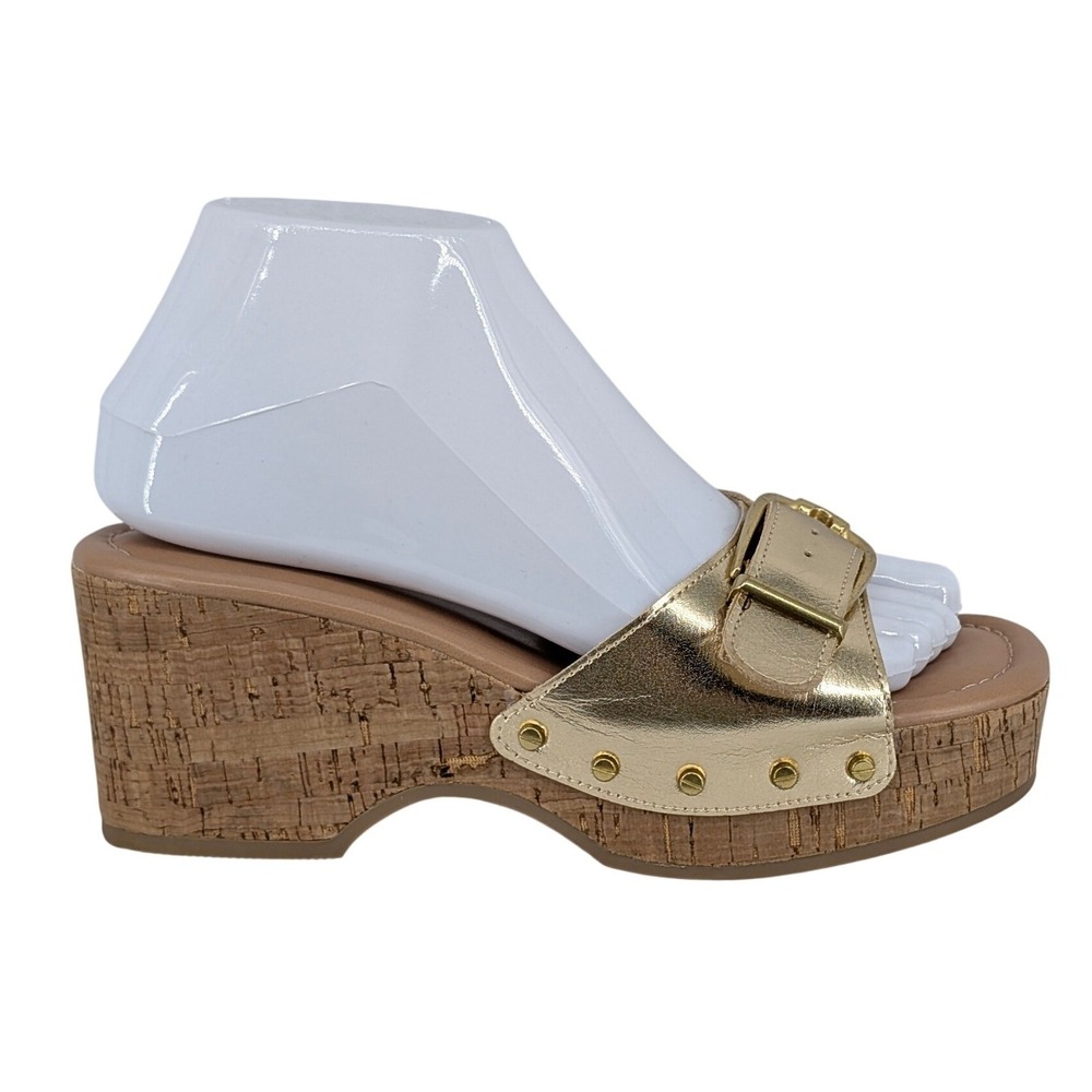 Time‎ and Tru Gold Metallic Wedge Sandals 6 Cork Platform Studded Buckle Glam